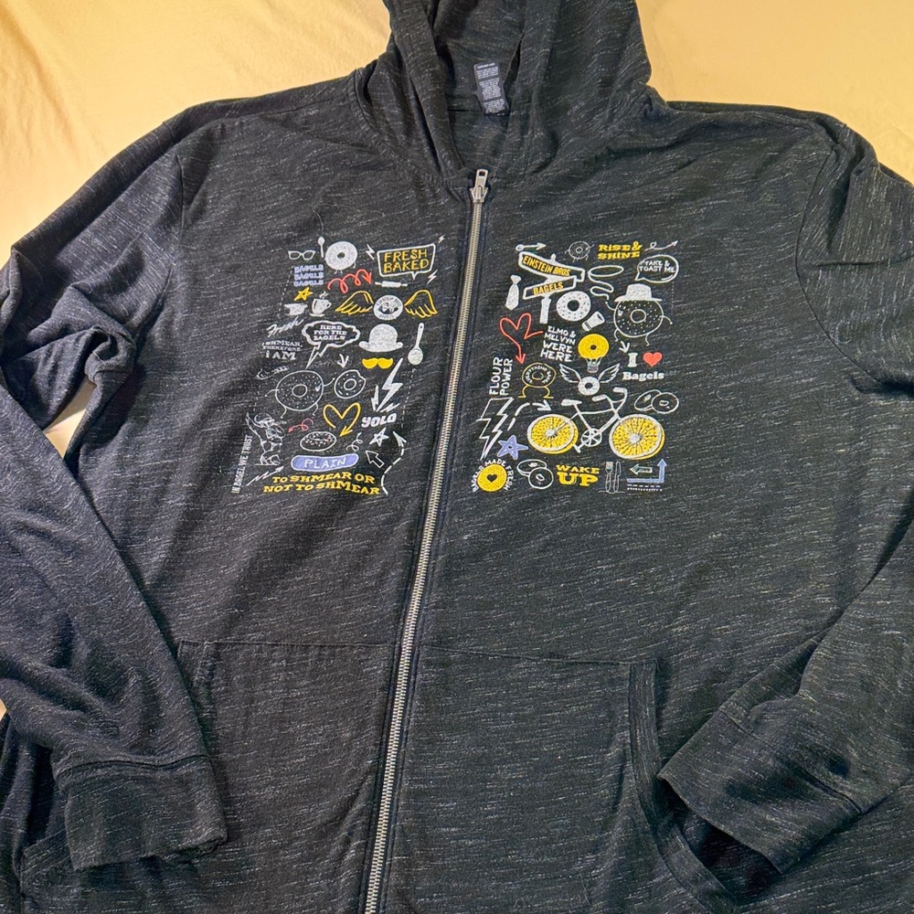 District brand full zip dark gray hoodie with Einstein brothers bagels graphics